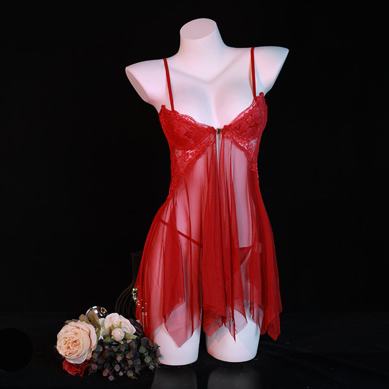 LS Sexy Lingerie Sexy Lace Temptation Nightgown Hot Transparent Open Nightgown No-Take-Off Nightgown 8021