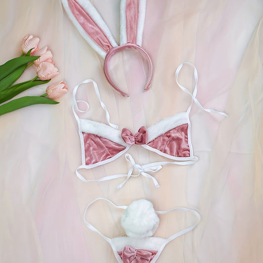 Cross-Border Rabbit Ears Headband, Bow Tie, Bunny Girl Three-Piece Set, Halloween Plush Headwear, Hair Accessories, Sexy Underwear