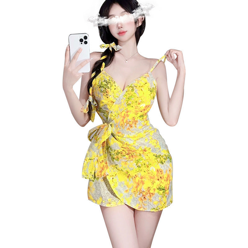 Ying new yellow shirt sexy floral pajamas women's summer lace strap nightdress pure desire split home wear