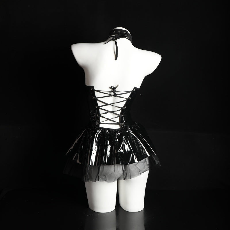 LS Sexy Lingerie Sexy Little Devil Female Black Free-Take-Off Patent Leather Uniform Temptation Dress 8082