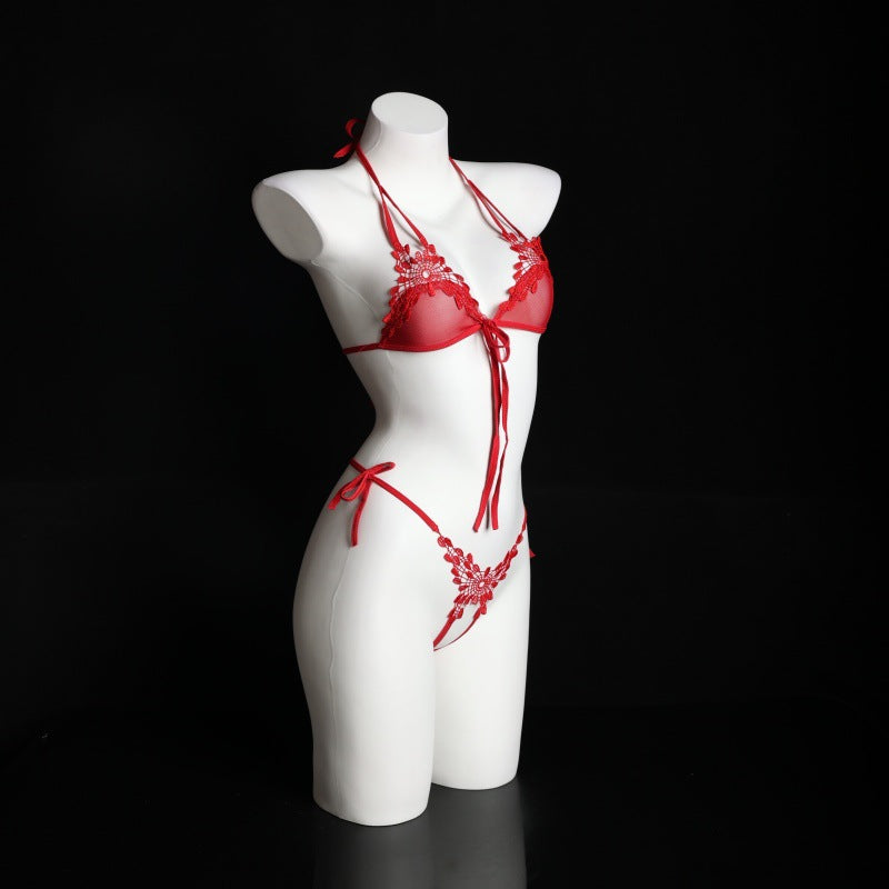 LS Sexy Underwear Feminine Three-Point Embroidered Flower Bikini Temptation Bra and Panty Set 9228