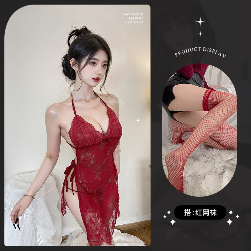 LS Sexy Mesh Pajamas Transparent Sexy Suspender Nightgown Lace Pure Desire Temptation Small Breast Sexy Pajamas