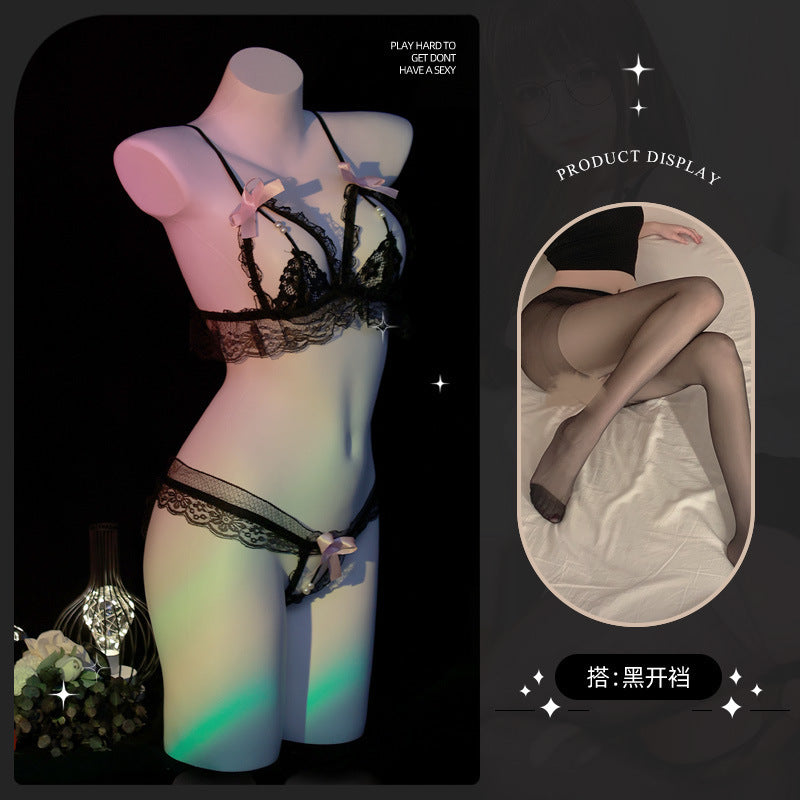 LS Sexy Sexy Underwear Three-Point Lace Panties Sexy Small Breast Charming Pearl Open Bikini
