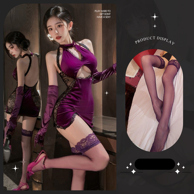 LS Sexy Charm Dancer Velvet Stitching Perspective Hollow Cheongsam Yujie Nightclub Backless Dress 8498
