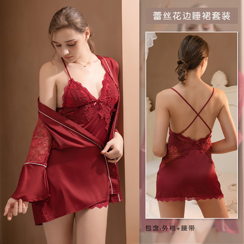 Sexy pajamas women with chest pad lace suspenders Ice Silk large size can be worn outside X nightgown set manufacturers wholesale generation