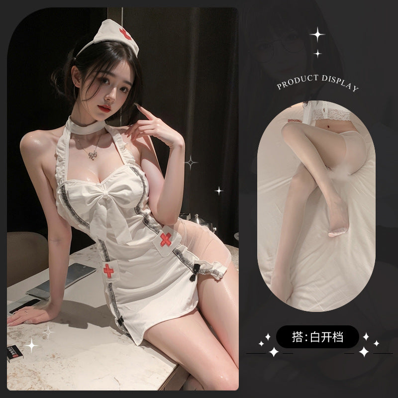 LS Sexy Lingerie Suspender Nurse Uniform Transparent Sexy Women's Uniform Suit Free of Taking Off Flirting Pajamas 8303