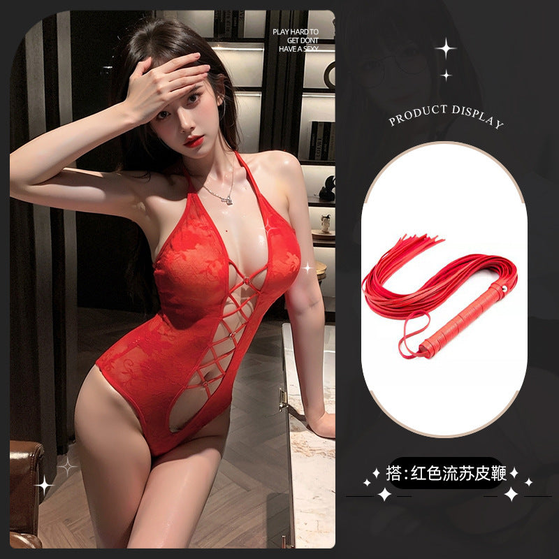 LS Sexy Lingerie Sexy Purple Lace Jumpsuit Small Breast Female Uniform Pure Desire Qqny Strap Suit