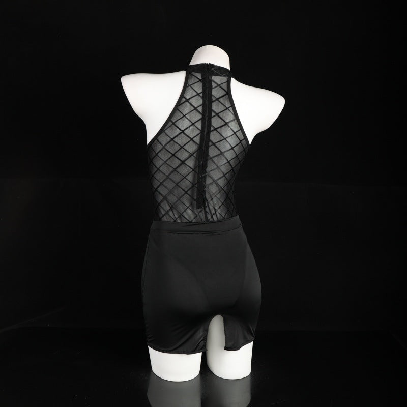 LS Sexy Lingerie Sexy Pure Desire See-Through Mesh Jumpsuit Hip-Covering Short Skirt Secretary Suit 8073