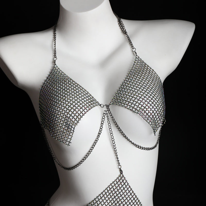 LS Sexy Sexy Lingerie Temptation Perspective Chain Fishnet Hollow Strap Halter Three-Point Dress