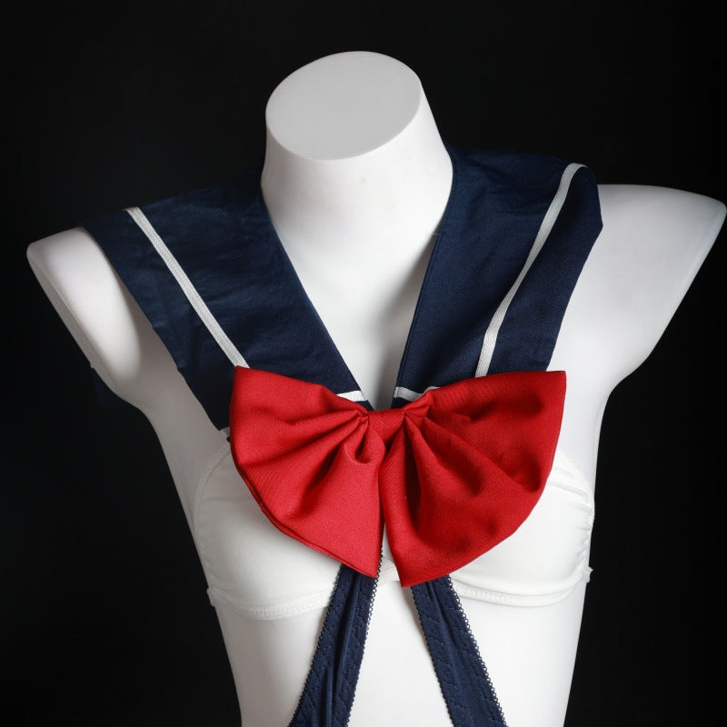 LS Sexy Lingerie Student Wear Open One-Piece Jumpsuit Bow Sexy Student Uniform 8135
