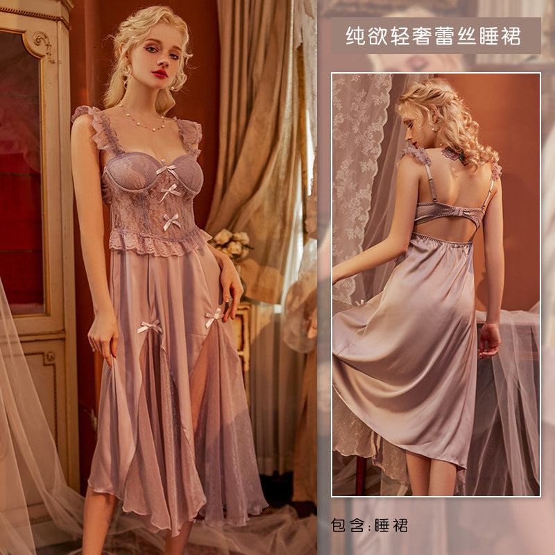3060 Ying Sexy Home Clothes Entry Luxury French Style Long Nightgown with Chest Pad Push-up Steel Ring Pure Sling Nightgown