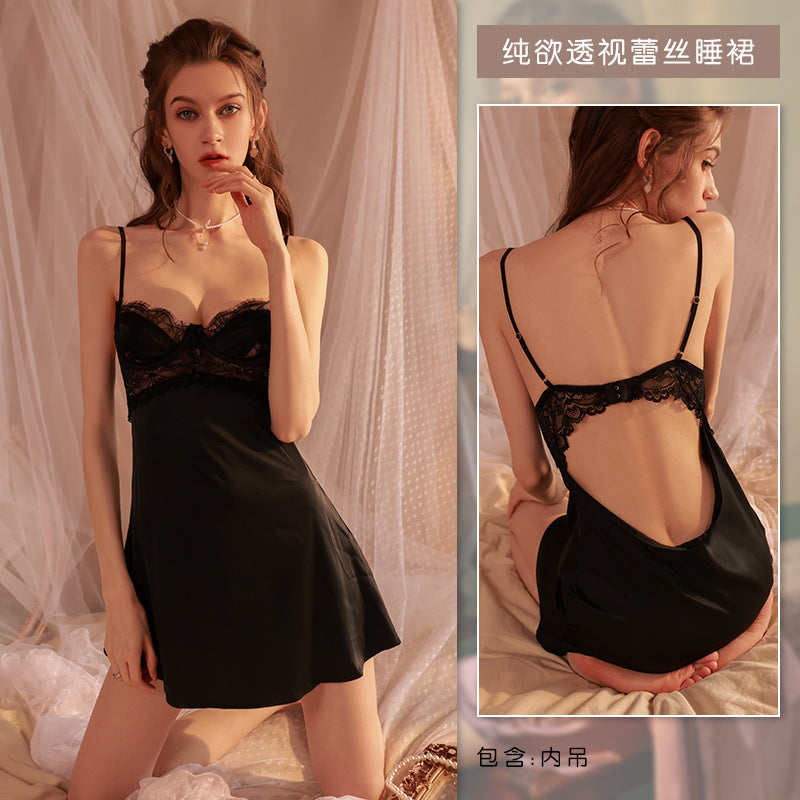 Ying French Lace Satin Sling Nightgown Sexy Deep V Temptation Pajamas Women's Home Clothes Set Customized by Manufacturers