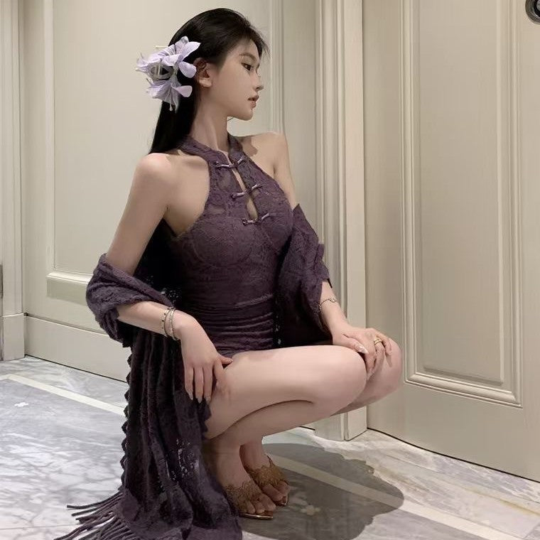 LS New Chinese Spice Girl Lace Shoulder Neck Purple Cheongsam Hip Skirt Pure Sex Lingerie 9293