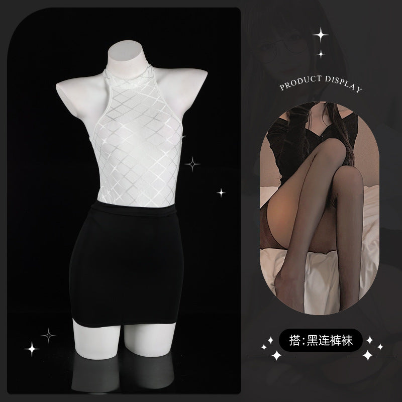 LS Sexy Lingerie Sexy Pure Desire See-Through Mesh Jumpsuit Hip-Covering Short Skirt Secretary Suit 8073