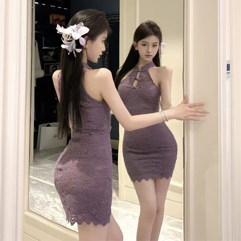 LS New Chinese Spice Girl Lace Shoulder Neck Purple Cheongsam Hip Skirt Pure Sex Lingerie 9293