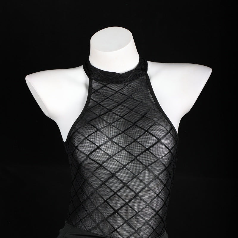 LS Sexy Lingerie Sexy Pure Desire See-Through Mesh Jumpsuit Hip-Covering Short Skirt Secretary Suit 8073