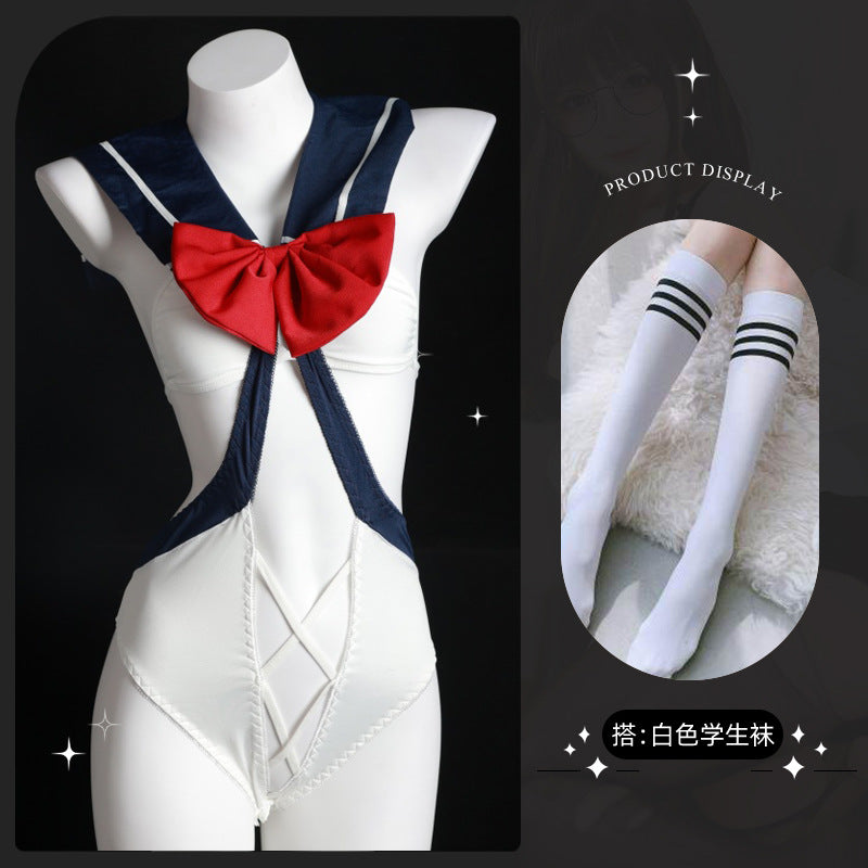 LS Sexy Lingerie Student Wear Open One-Piece Jumpsuit Bow Sexy Student Uniform 8135