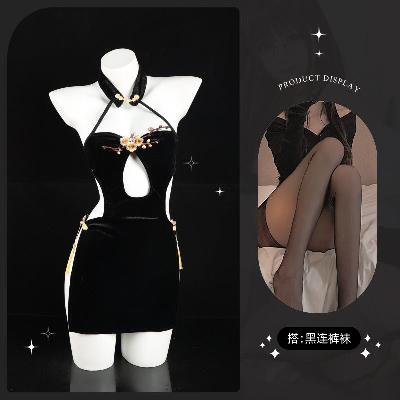 LS Embroidered Chest High Slit Velvet Cheongsam Sexy Underwear Women's Sexy Naked Back Flirting Pajamas 8330
