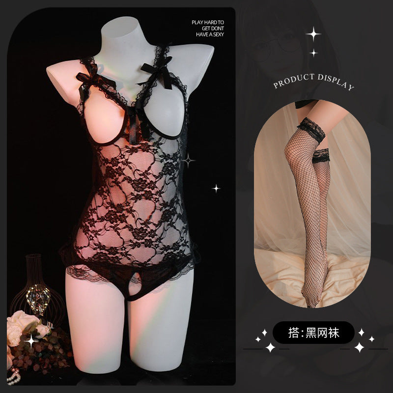 LS Plus Size Sexy Lingerie Lace Temptation No-Remove Sexy Flirting Pajamas Open Crotch Jumpsuit Uniform 81