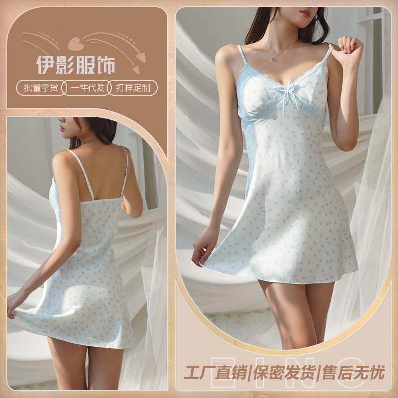 Yi Ying Sexy Pajamas Satin Nightgown Home Clothes Sexy Strap Nightgown Lace Stitching Pajamas Women Wholesale plus size