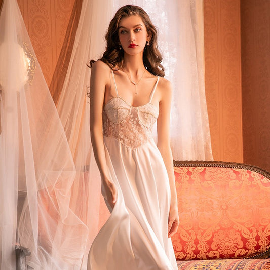 3034 Ying Autumn and Winter Sexy Push-up with Chest Pad Small Chest Pure Lace Sling Nightgown Women's Court Style Home