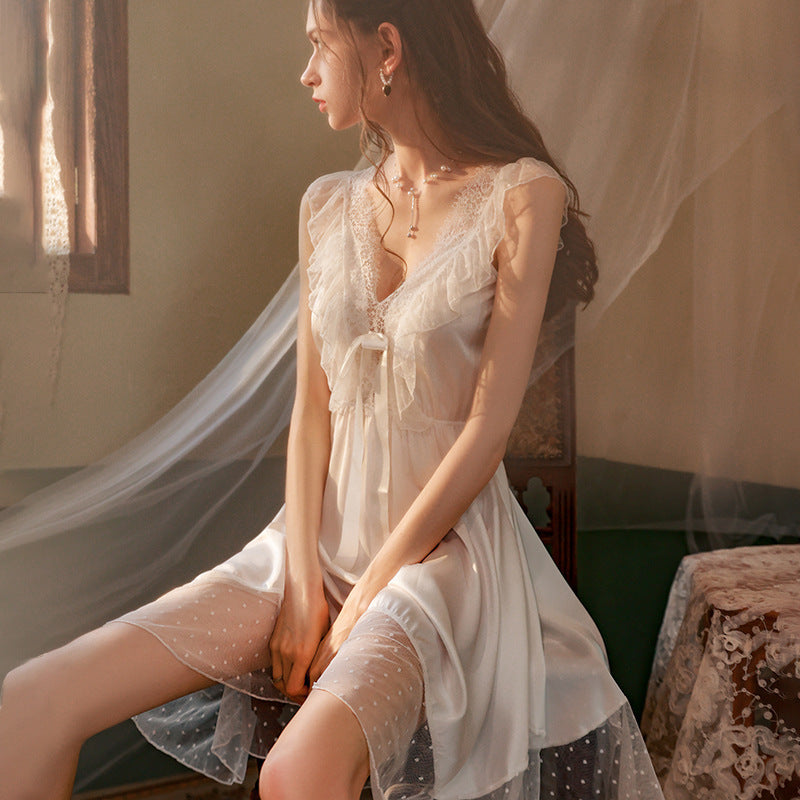 3074 Ying Sexy Pajamas Women's Summer Ice Silk Home Clothes Pure Desire Style Lace Temptation Sling Nightgown Set
