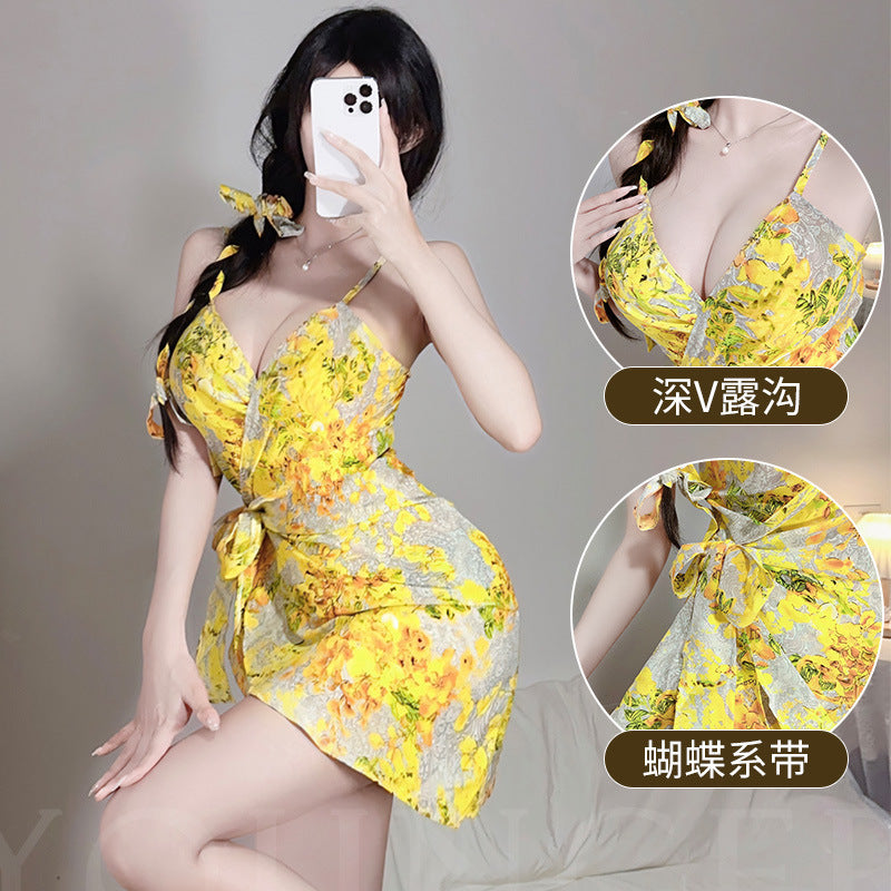 Ying new yellow shirt sexy floral pajamas women's summer lace strap nightdress pure desire split home wear