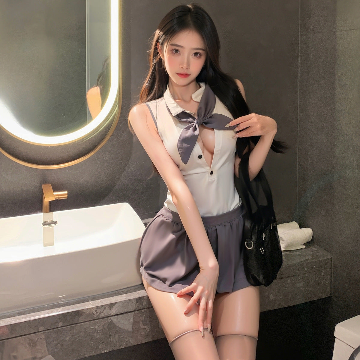 LS Sexy Lingerie Sexy Preppy Style No-Take-Off Jumpsuit Cosplay Pure Desire Jk Uniform Pajamas for Women