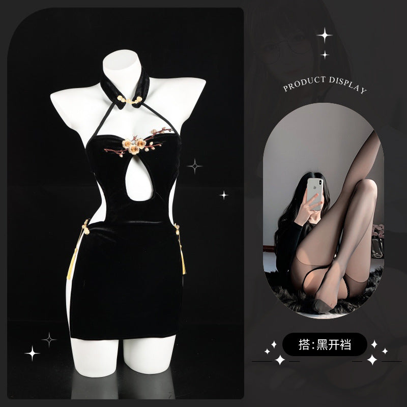 LS Embroidered Chest High Slit Velvet Cheongsam Sexy Underwear Women's Sexy Naked Back Flirting Pajamas 8330