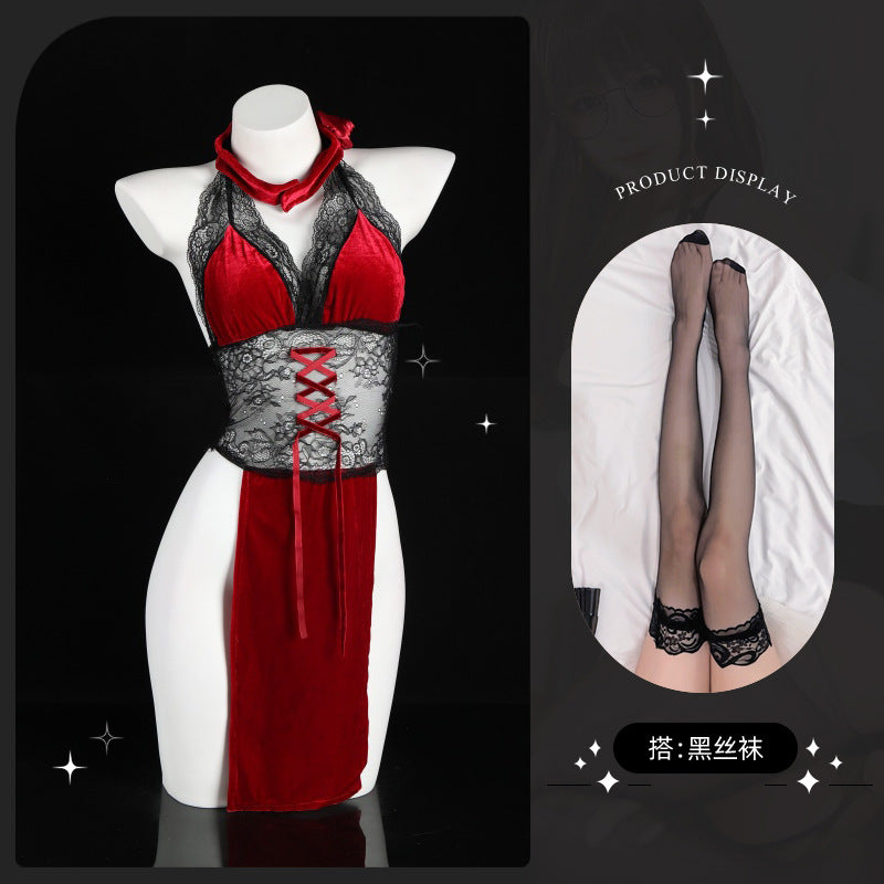 LS Sexy Underwear Lace Perspective Super Spicy Temptation High Waist Split Free Rose Dancer Cheongsam 9252