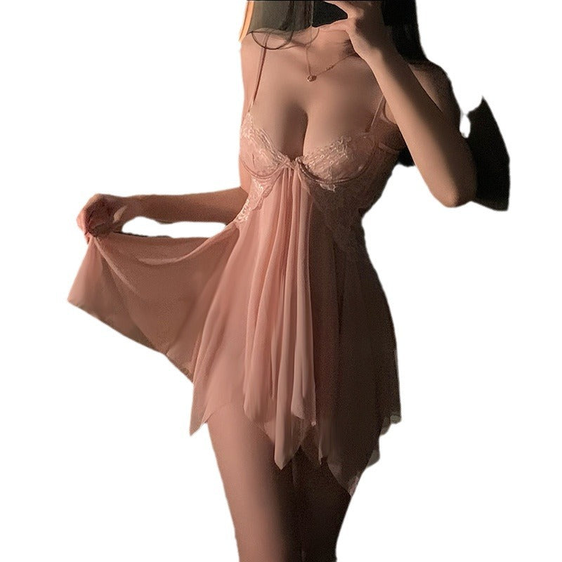 LS Sexy Lingerie Sexy Uniform Temptation Pajamas Pure Desire Small Breasts Show Big Transparent Lace Nightgown 8021