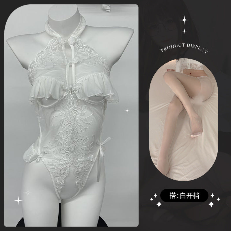LS Sexy Lingerie Sexy Cheongsam Lace Pure Desire Temptation Open Nightgown Sweet Backless Uniform 8138