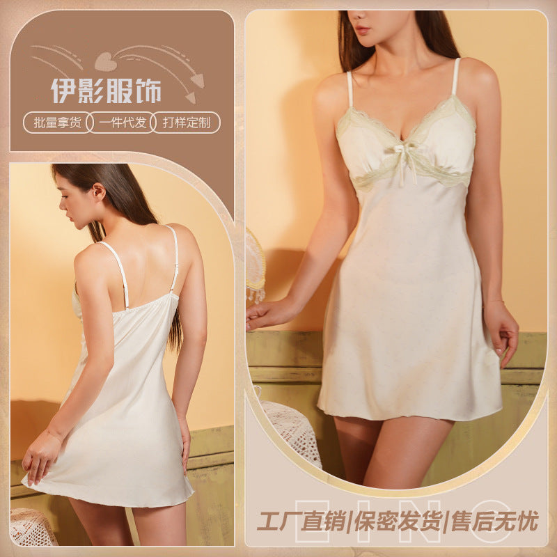 Yi Ying Sexy Pajamas Satin Nightgown Home Clothes Sexy Strap Nightgown Lace Stitching Pajamas Women Wholesale plus size