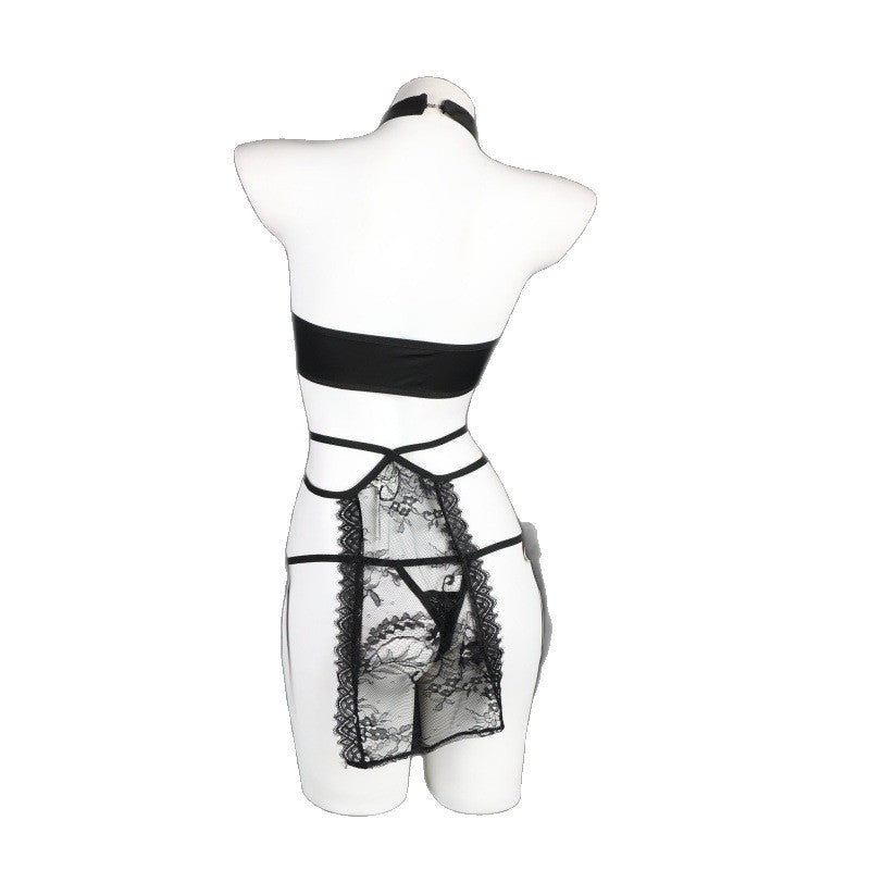 LS Sexy Lingerie Women's No-Take-Off See-Through Halter Strap Lace Cheongsam Uniform Suit 8808