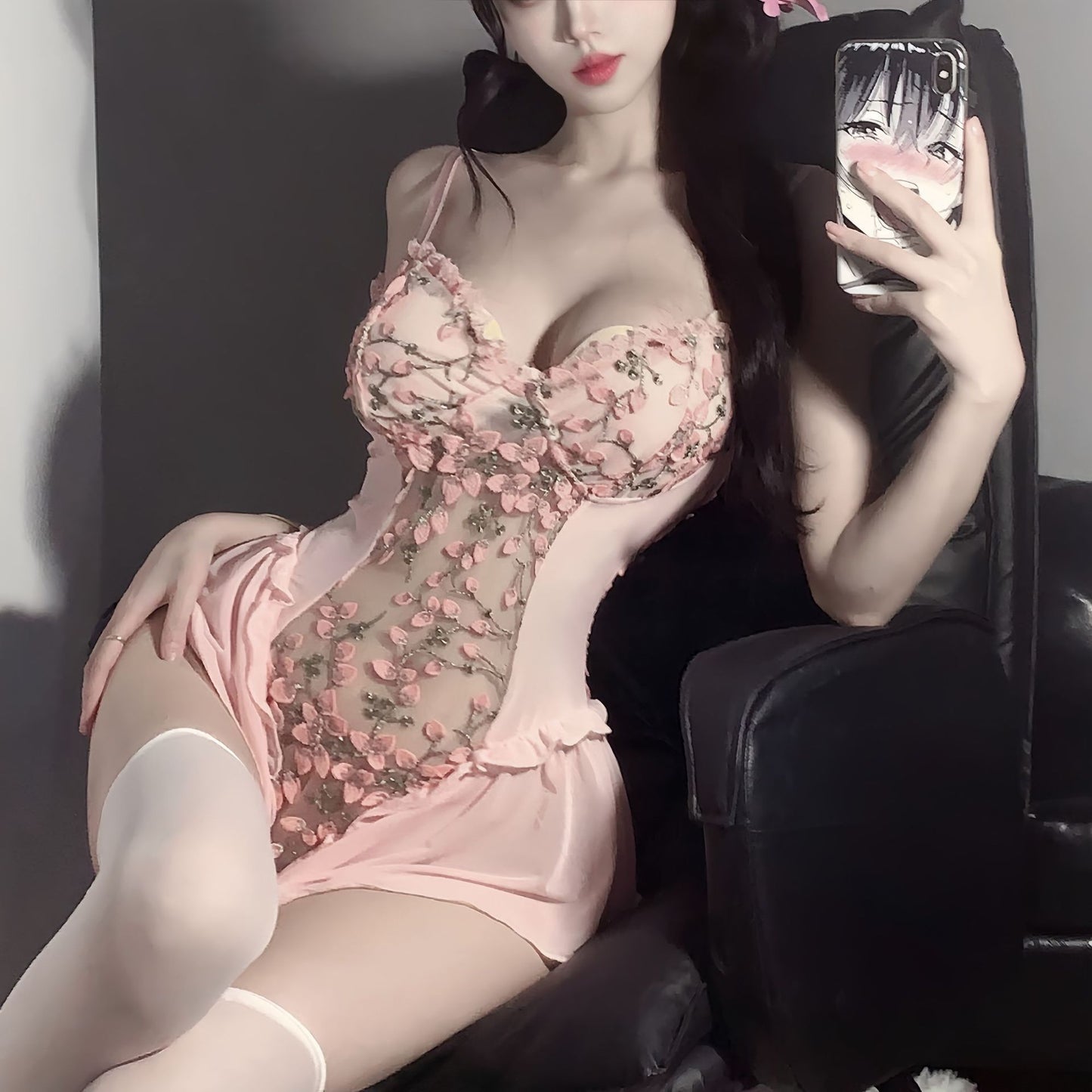 Xin Ying Sexy Underwear Floral Sexy Underwear Pure Desire Sling Embroidered One-piece Suit Slim Fit Gathered Mesh plus size