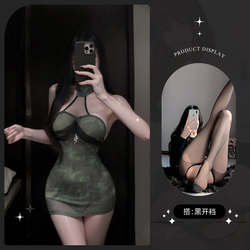 LS Sexy Lingerie Sexy Halter Cheongsam Perspective Green Snake Hip Skirt Uniform Temptation Miniskirt 8185