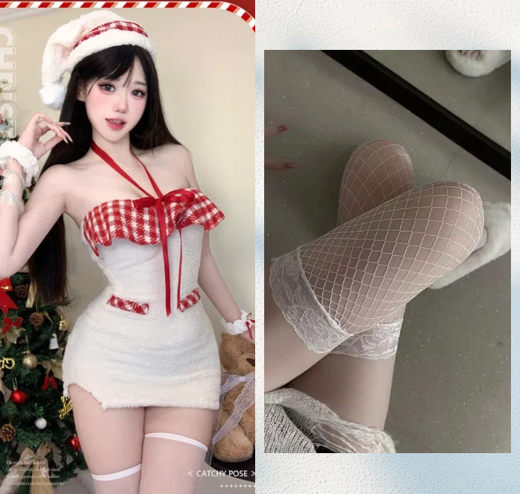 Sexy Hanging Neck off-Shoulder Tube-Shoulder Velvet Hip Dress Christmas Dress COS Halloween Sex Lingerie Christmas War Dress