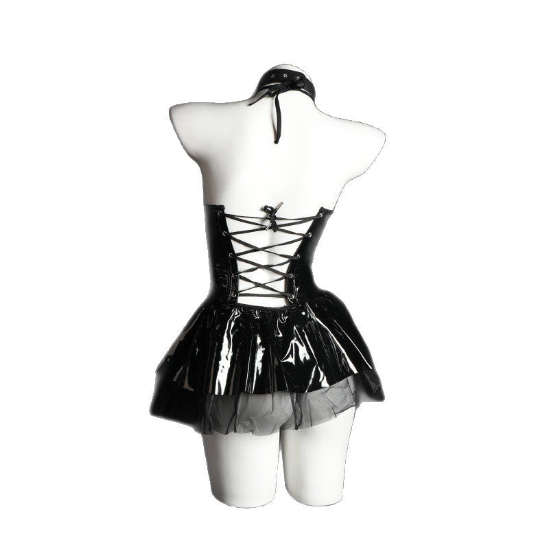 LS Sexy Lingerie Sexy Little Devil Female Black Free-Take-Off Patent Leather Uniform Temptation Dress 8082