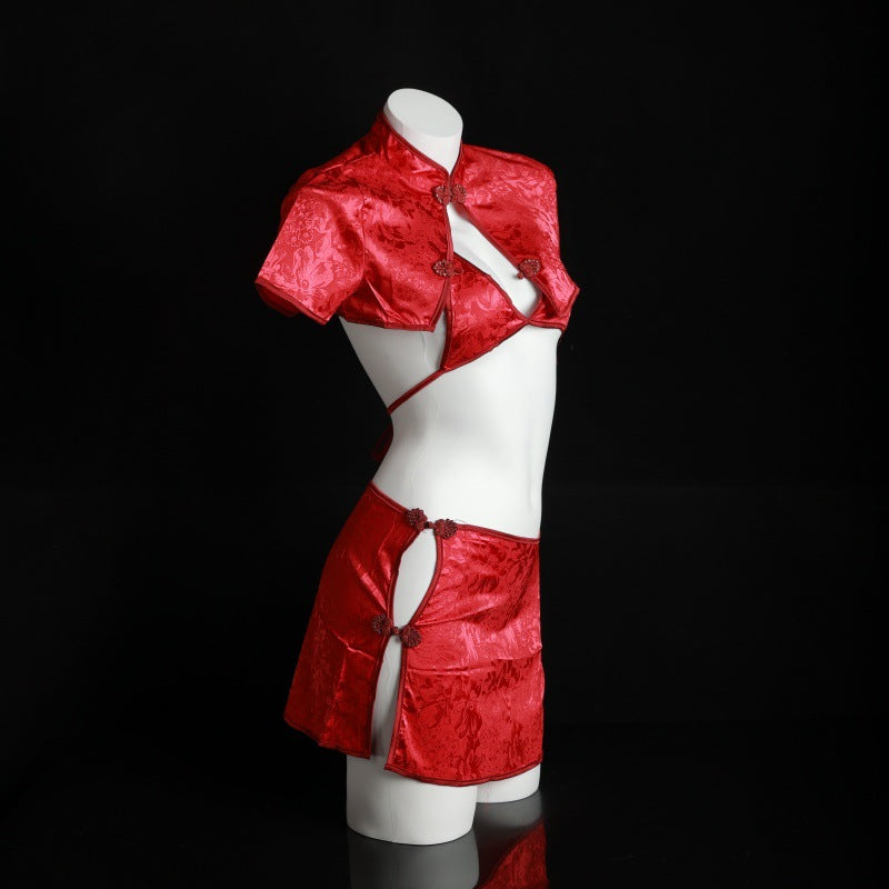LS Sexy Lingerie Retro Jacquard Button Slit Cheongsam Style High-Slit Sexy Vintage Uniform 8202