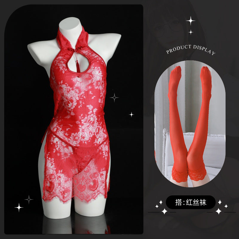 LS Sexy Lingerie Lace Cheongsam Hollow See-Through Temptation Slit Uniform Temptation Pajamas Set