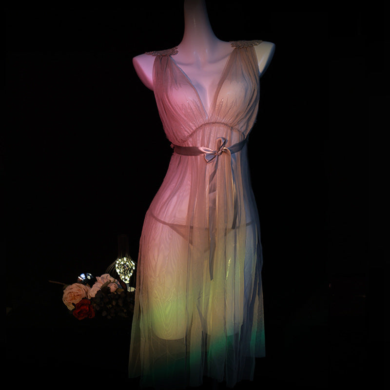 LS Sexy Underwear Sexy Uniform Pajamas Pure Desire Small Chest Large Transparent Tulle Lace Nightgown 8336