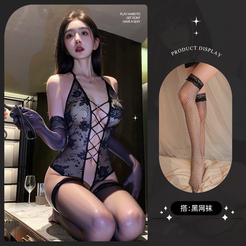 LS Sexy Lingerie Sexy Purple Lace Jumpsuit Small Breast Female Uniform Pure Desire Qqny Strap Suit