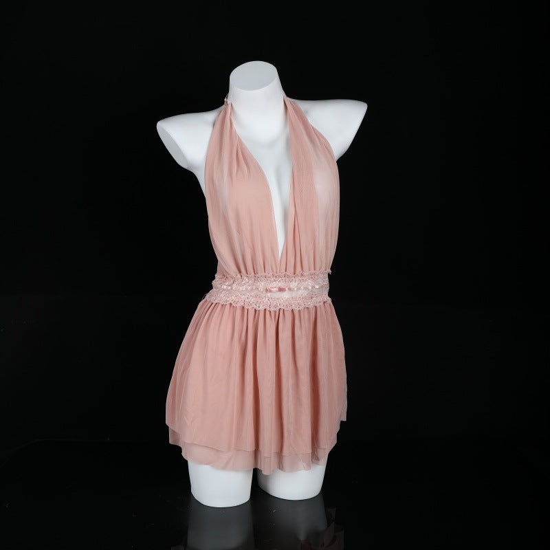 LS Sexy Lingerie Sexy Halter Mesh See-Through Nightgown Temptation Backless Suspender Home Clothes Pajamas