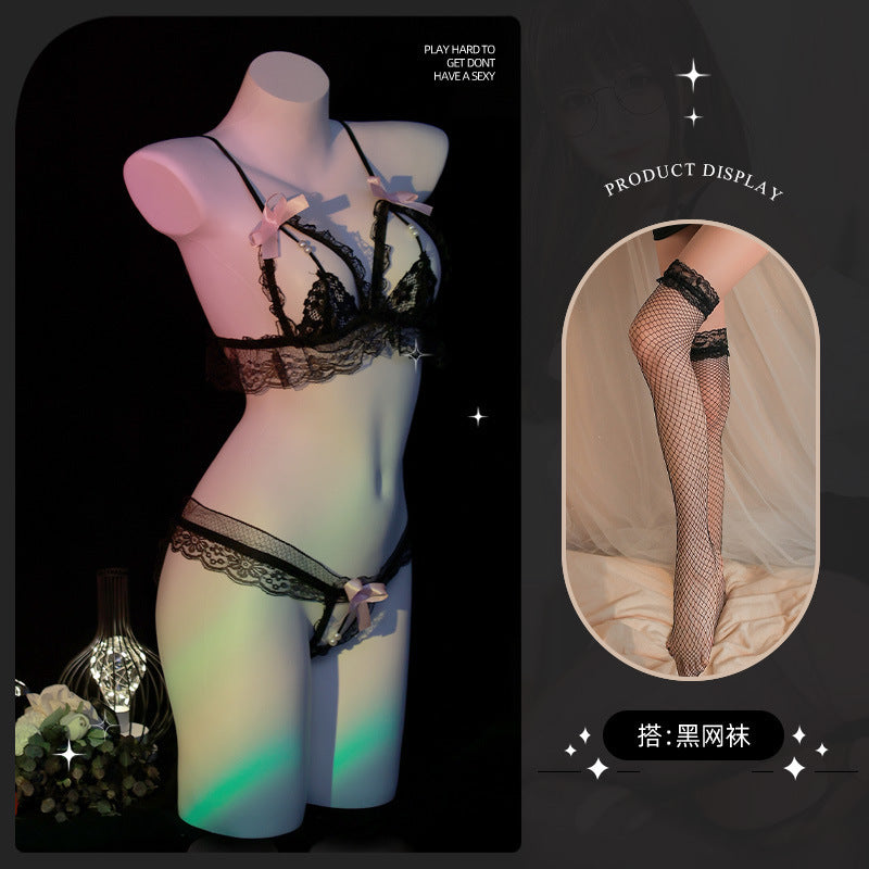 LS Sexy Sexy Underwear Three-Point Lace Panties Sexy Small Breast Charming Pearl Open Bikini