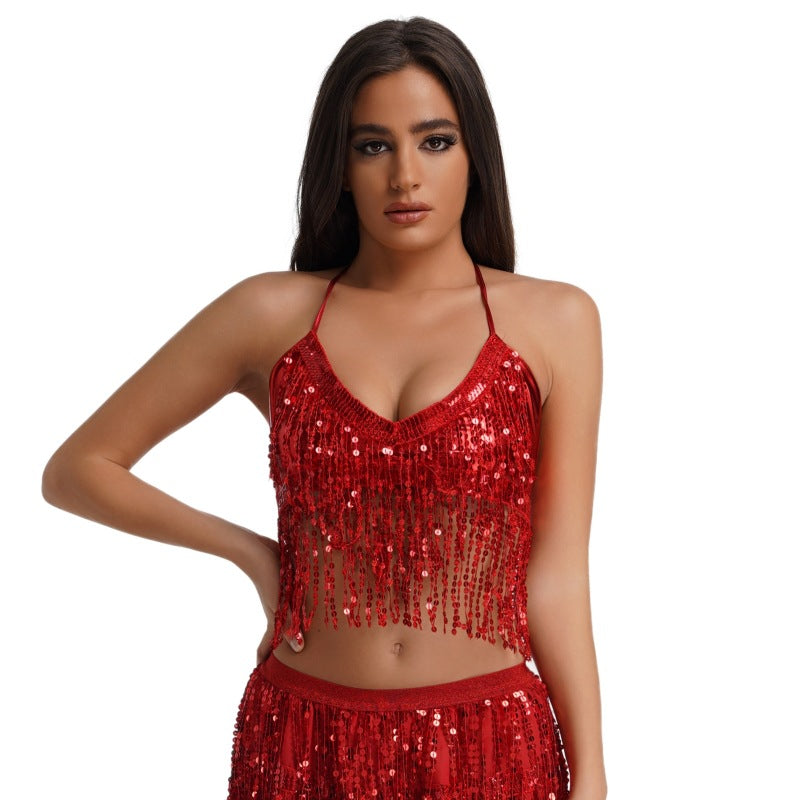 Halloween European and American sequined performance top belly dance tassel top nightclub stage strap party bra