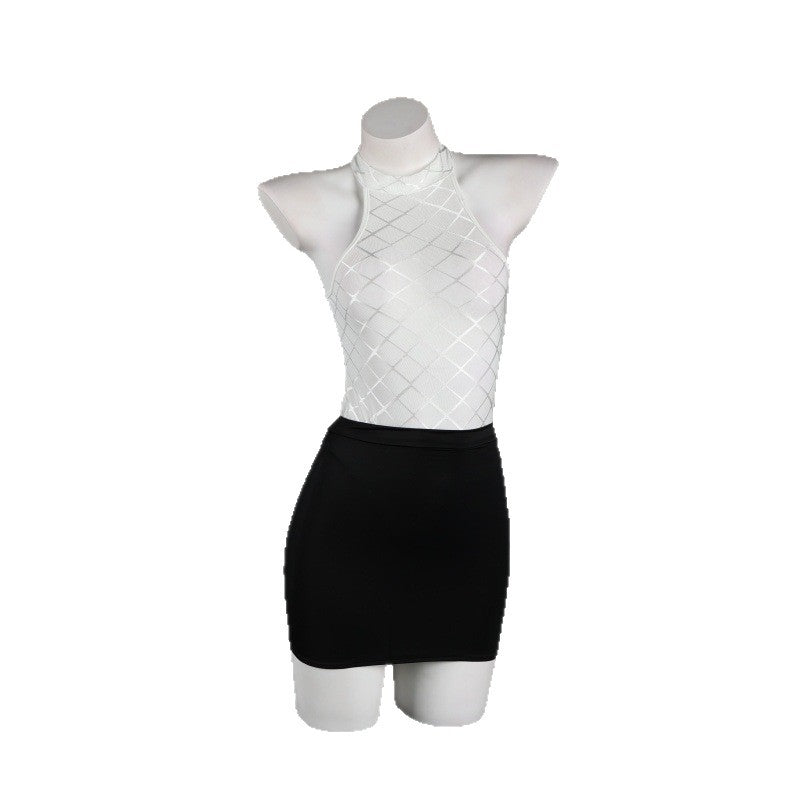 LS Sexy Lingerie Sexy Pure Desire See-Through Mesh Jumpsuit Hip-Covering Short Skirt Secretary Suit 8073